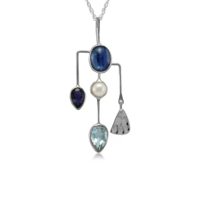 ISLA SILVER WOMEN'S BLUE / WHITE / SILVER KYANITE, IOLITE, PEARL, & BLUE TOPAZ CONTEMPORARY GEMSTONE NECKLACE