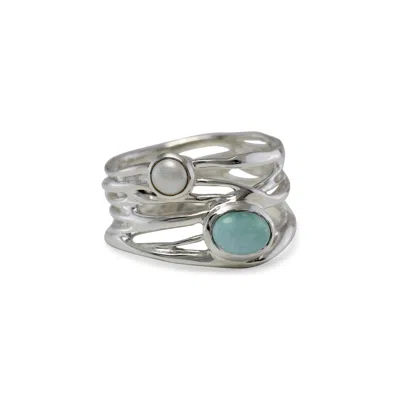 ISLA SILVER WOMEN'S BLUE / WHITE / SILVER STATEMENT LARIMAR & PEARL SILVER RING