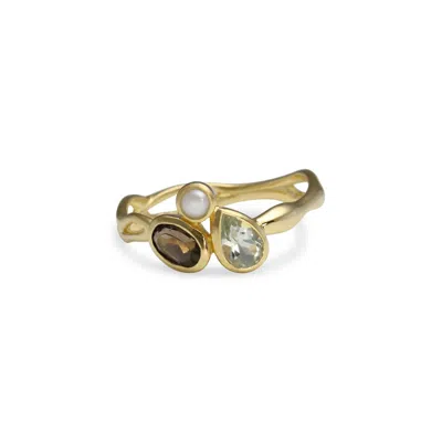 ISLA SILVER WOMEN'S BROWN / GOLD SMOKY QUARTZ, GREEN AMETHYST & PEARL GOLD RING