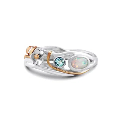ISLA SILVER WOMEN'S GOLD / BLUE / SILVER BLUE TOPAZ & WHITE FIRE OPAL FLOWER RING