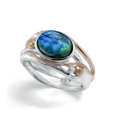 ISLA SILVER WOMEN'S GOLD / BLUE / SILVER UNIQUE IRIDESCENT LABRADORITE RING