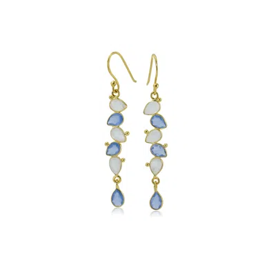 ISLA SILVER WOMEN'S GOLD / BLUE / WHITE RAINBOW MOONSTONE & BLUE CHALCEDONY GOLD DROP EARRINGS