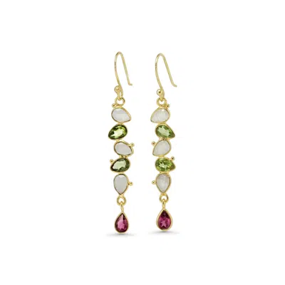 ISLA SILVER WOMEN'S GOLD / GREEN / WHITE PERIDOT, MOONSTONE & TOURMALINE GOLD VERMEIL DROP EARRINGS