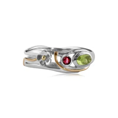 ISLA SILVER WOMEN'S GREEN / SILVER / PINK PERIDOT & TOURMALINE SILVER MEADOW RING