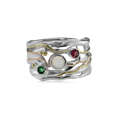 ISLA SILVER WOMEN'S GREEN / RED / SILVER WHITE OPAL, EMERALD, & PINK TOURMALINE RING