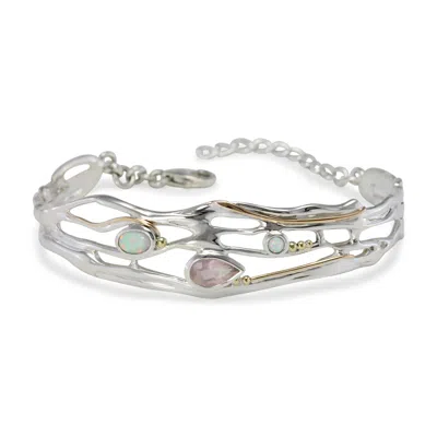 ISLA SILVER WOMEN'S PINK / SILVER FACETED ROSE QUARTZ & WHITE OPAL ADJUSTABLE BRACELET