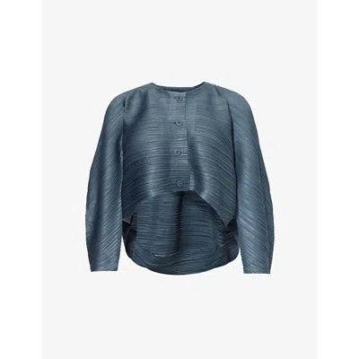 ISSEY MIYAKE WOMENS BLUE GRAY CROPPED PLEATS KNITTED CARDIGAIN