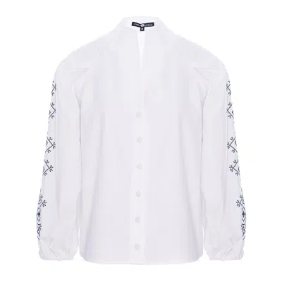 IZABELA MANDOIU WOMEN'S WHITE BUTTON-UP SHIRT WITH BLACK EMBROIDERED SLEEVES