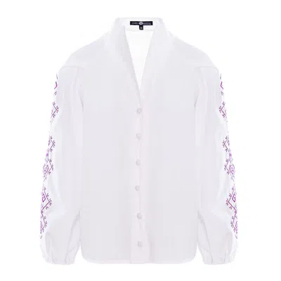 IZABELA MANDOIU WOMEN'S WHITE BUTTON-UP SHIRT WITH MULTICOLORED EMBROIDERED SLEEVES