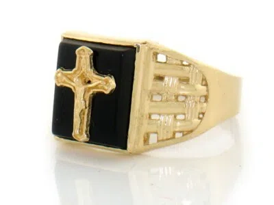 JACKANI 10K OR 14K SOLID YELLOW GOLD ONYX CROSS RELIGIOUS MENS RING