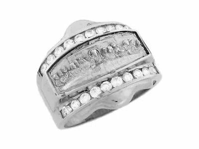 JACKANI 10K OR 14K WHITE GOLD MENS CZ LAST SUPPER JESUS RELIGIOUS RING