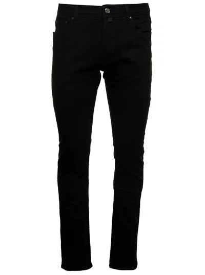 JACOB COHEN BARD BLACK SLIM JEANS WITH LOGO PATCH IN COTTON BLEND DENIM MAN