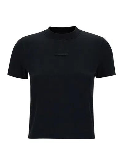 JACQUEMUS BLACK FITTED T-SHIRT WITH LOGO PATCH IN STRETCH COTTON WOMAN