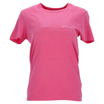 JACQUEMUS LOGO-EMBROIDERED CREWNECK T-SHIRT IN PINK COTTON