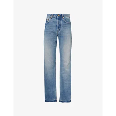 JACQUEMUS WOMENS LE DE-NIMES DROIT BRAND-PATCH STRAIGHT-LEG HIGH-RISE DENIM JEANS BLUE/TABAC