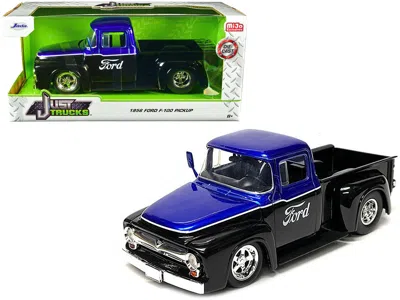 JADA 1956 FORD F-100 PICKUP TRUCK BLACK AND BLUE METALLIC WITH FORD GRAPHICS "JUST TRUCKS" SERIES 1/24 DI