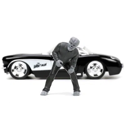 JADA TOYS JADA 1957 CHEVROLET CORVETTE BLACK WITH WHITE TOP & WOLFMAN DIECAST FIGURE UNIVERSAL MONSTERS HOLLYW