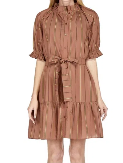 JADE BUTTON FRONT FLOUNCE DRESS IN BROWN STRIPE