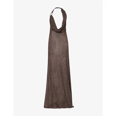 JADED LONDON WOMENS BROWN MOARA PLUNGE-COWL NECK STRETCH-KNIT MAXI DRESS