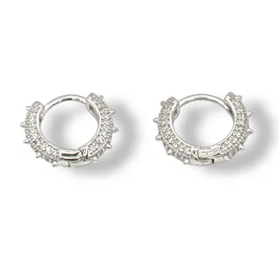 JAGGED HALO JEWELRY WOMEN'S WHITE CRYSTAL SPIKE MINI HUGGIE HOOP EARRINGS – STERLING SILVER