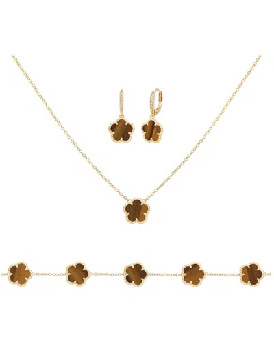 JANKUO JANKUO FLOWER 14K PLATED TIGER EYE CZ EARRINGS, BRACELET & NECKLACE SET