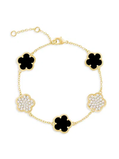 JANKUO JANKUO WOMEN'S FLOWER 14K GOLDPLATED, ONYX & CUBIC ZIRCONIA DOUBLE SIDED BRACELET