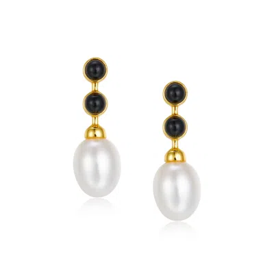 JANUS EDINBURGH WOMEN'S WHITE / GOLD / BLACK SHAB GOLD VERMEIL SILVER BLACK ONYX PEARL DROP EARRINGS