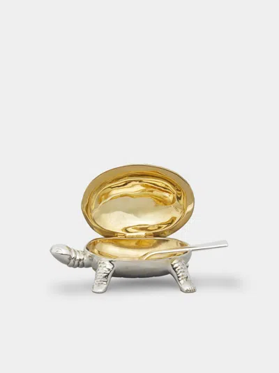 JAROSINSKI & VAUGOIN TURTLE STERLING SILVER AND GOLD VERMEIL SALT CELLAR WITH SPOON