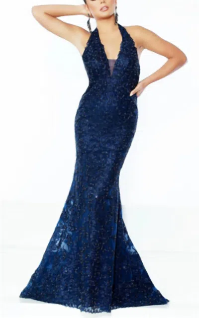 JASZ COUTURE HALTER LACE DRESS IN NAVY