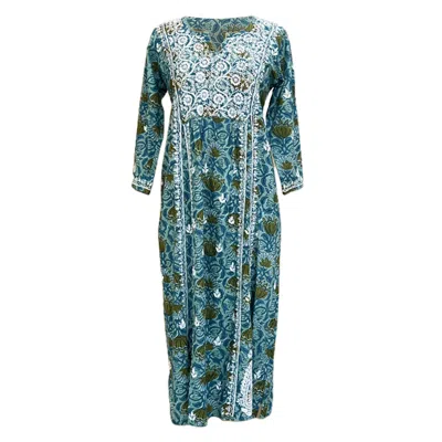 JAYSHREE DALAL WOMEN'S BLUE / GREEN / WHITE RAIPUR EMBROIDERED DRESS TEAL