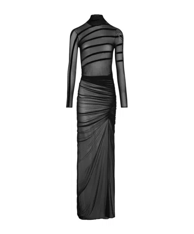JEAN PAUL GAULTIER FLOCKED-STRIPE MESH MAXI DRESS