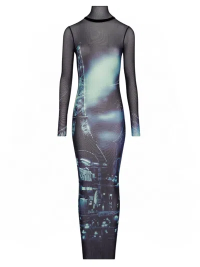 JEAN PAUL GAULTIER JEAN PAUL GAULTIER TURTLENECK MESH LONG DRESS PRINTED "PIGALLE"