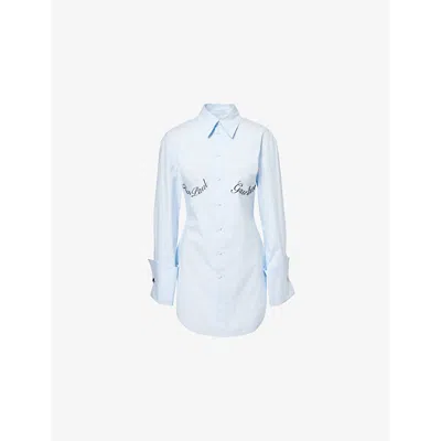 JEAN PAUL GAULTIER WOMENS BABYBLUE EMBOSSED-BRANDING LONG-SLEEVES STRETCH-COTTON SHIRT