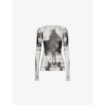 JEAN PAUL GAULTIER WOMENS SKELETON-PRINT LONG-SLEEVES WOVEN TOP WHITE BLACK