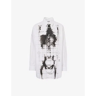 JEAN PAUL GAULTIER WOMENS WHITE/BLACK SKELETON-PRINT CURVED-HEM COTTON-POPLIN SHIRT