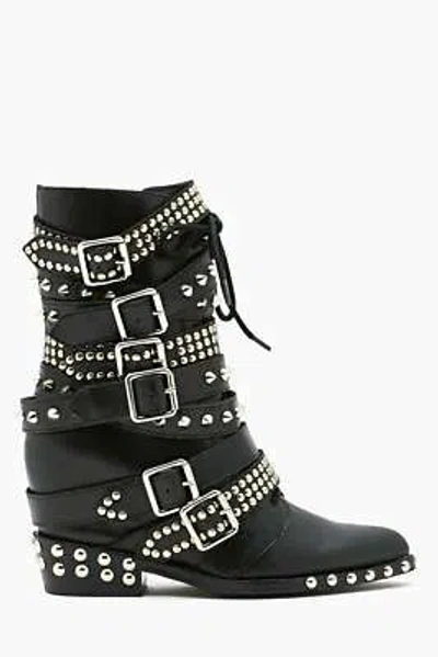JEFFREY CAMPBELL JEFFREY CAMPBELL DRACO STUD HIDDEN WEDGE POINTED EMBELLISHED MOTO LEATHER BOOTS