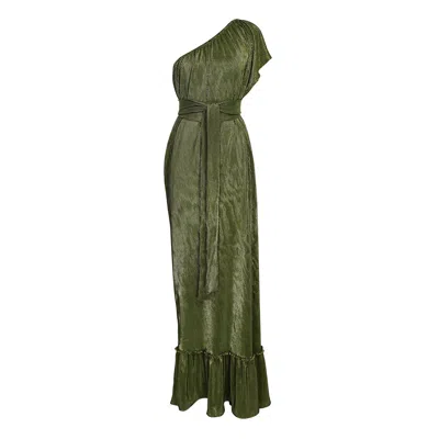 JENNAFER GRACE WOMEN'S GREEN ELECTRUM SLINK PLEATED ONE-SHOULDER MAXI DRESS