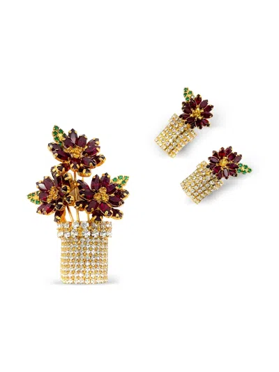 JENNIFER GIBSON JEWELLERY 1980S X VASARI FLOWER POT DEMI-PARURE BROOCH & EARRINGS