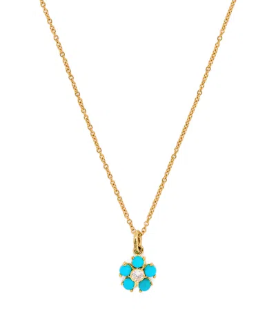 JENNIFER MEYER LARGE YELLOW GOLD, TURQUOISE AND DIAMOND FLOWER NECKLACE