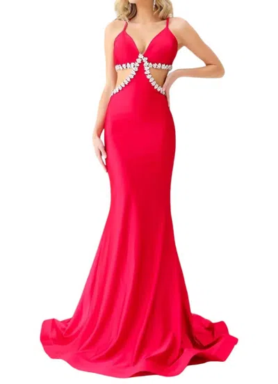 JESSICA ANGEL PLUNGING V-NECK JERSEY MERMAID GOWN IN RED
