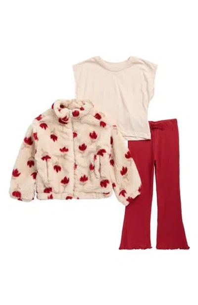 JESSICA SIMPSON JESSICA SIMPSON KIDS' FLORAL FAUX SHEARLING JACKET, TOP & FLARE LEGGINGS SET