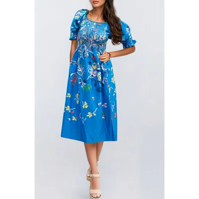 JESSIE ZHAO NEW YORK JESSIE ZHAO NEW YORK NIGHT FLOWER SMOCKED COTTON SILK MIDI DRESS