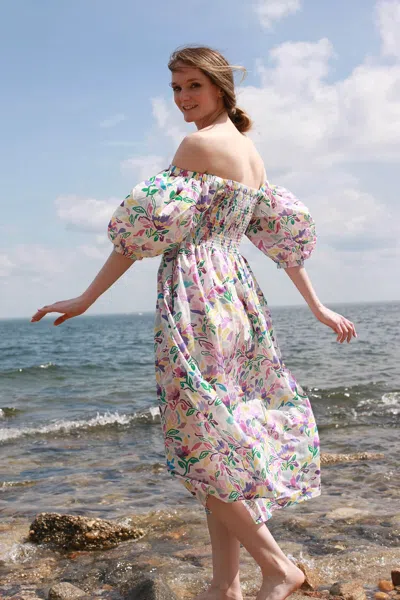 JESSIE ZHAO NEW YORK VIOLET GARDEN SMOCKED COTTON SILK DRESS