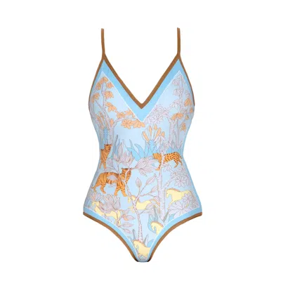 JESSIE ZHAO NEW YORK WOMEN'S BLUE / GREEN JUNGLE ADVENTURE REVERSIBLE V-NECK ONE-PIECE SWIMSUIT