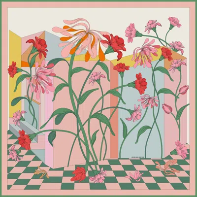 JESSIE ZHAO NEW YORK WOMEN'S BLUE / RED DOUBLE SIDED SILK SCARF OF FLOWERS DAYDREAMS