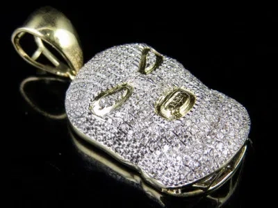 JEWELRY UNLIMITED MENS 10K YELLOW GOLD SKI GOON MASK ICE OUT DIAMOND CHARM PENDANT 3/5CT 1.25"