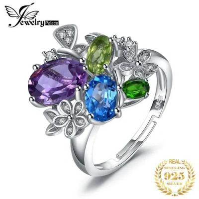 JEWELRYPALACE FLOWER GENUINE AMETHYST SWISS BLUE TOPAZ PERIDOT ADJUSTABLE RING 925 SILVER XMAS