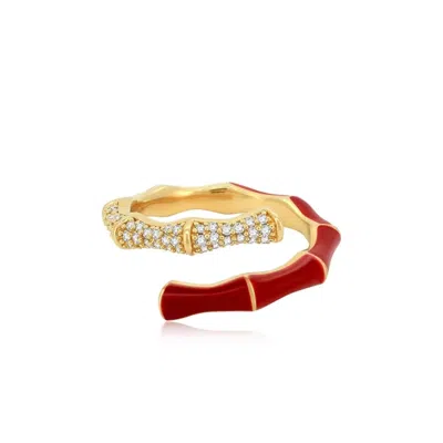 JIAYING WANG WJY STUDIO LONDON WOMEN'S GOLD / RED / WHITE BAMBOO RED OPAL ENAMEL RING