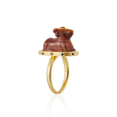 JIAYING WANG WJY STUDIO LONDON WOMEN'S GOLD / YELLOW / ORANGE HANDMADE ENGRAVED GOAT RAM TIGER EYE GEMSTONES RING