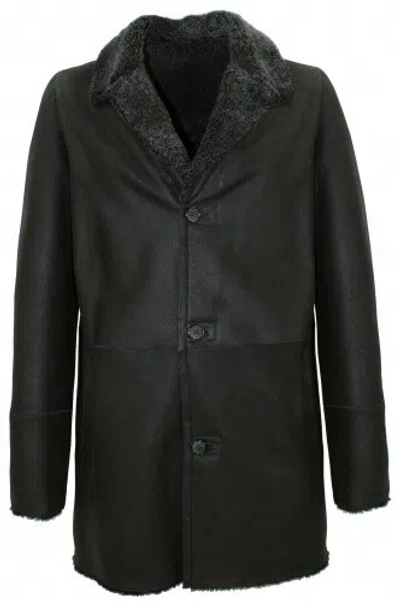 JILANI JILANI - HERREN LAMMFELLMANTEL LEDERJACKE LEDERMANTEL SCHWARZ